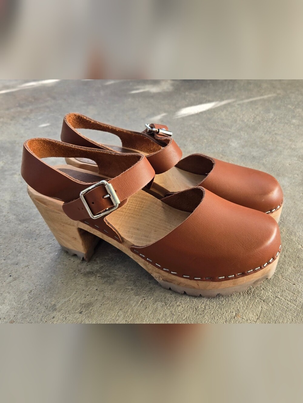 MIA Chestnut Brown Leather Clog Sandals with Buckle Strap